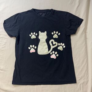 Cat Lover T-Shirt Black Women Medium Paw Print Tee Top Animal Lover Lady Glitter